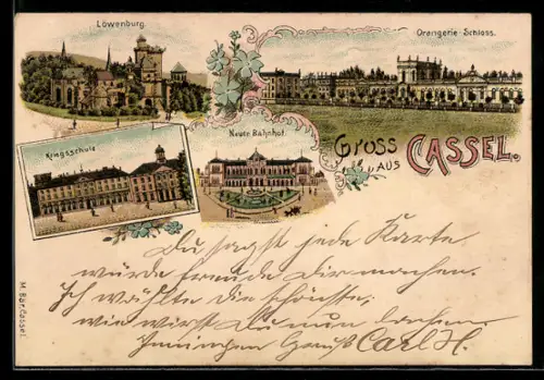 Lithographie Cassel, Löwenburg, Orangerie Schloss, Königsschule, Neuer Bahnhof