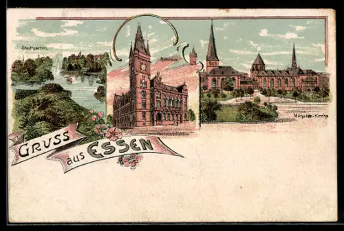 Lithographie Essen, Rathaus, Stadtgarten, Münster-Kirche