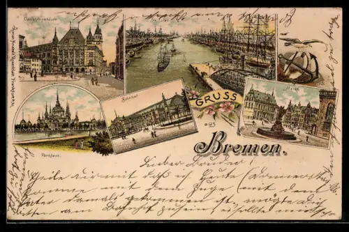 Lithographie Bremen, Gerichtsgebäude, Hafen, Bahnhof, Parkhaus, Markt
