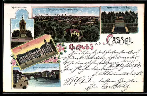 Lithographie Cassel, Löwenbrunnen, Kriegsschule, Fuldapartie mit Brücke