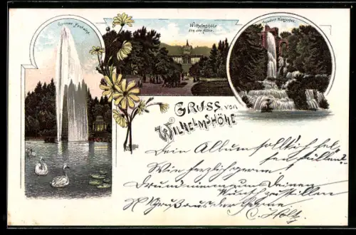 Lithographie Wilhelmshöhe, Grosse Fontäne und Wasserfall