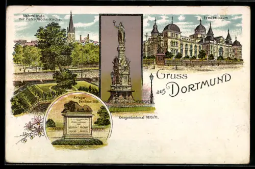 Lithographie Dortmund, Petri-Nicolai-Kirche, Fredenbaum, Kriegerdenkmal 1870/71, Kriegerdenkmal 1866
