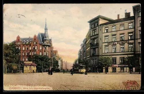 AK Cassel, Blick zur Bahnhofstrasse, Hotel du Nord, Strassenbahn