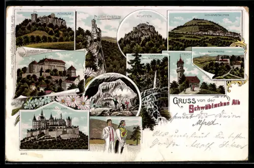 Lithographie Achalm, Hohenzollern, Schloss Lichtenstein, Burg Teck, Neuffen, Hohenstaufen, Rechberg