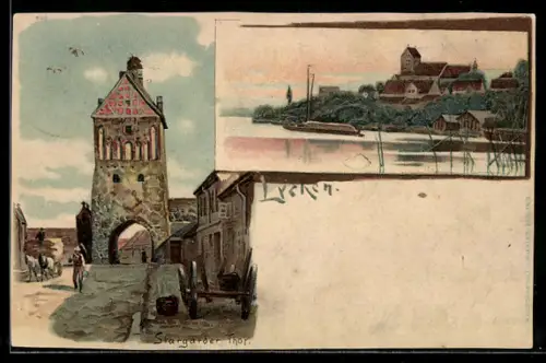 Lithographie Lychen, Stargarder Thor, Ortsansicht mit Kirche