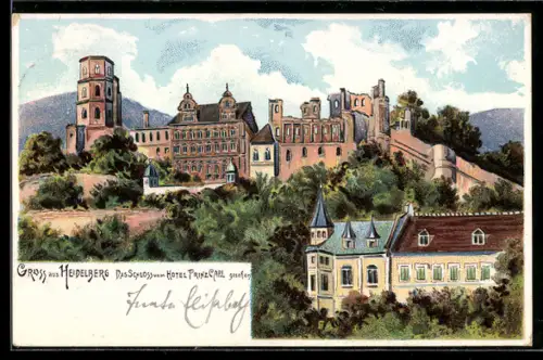 Lithographie Heidelberg, Schloss, Hotel Prinz Carl
