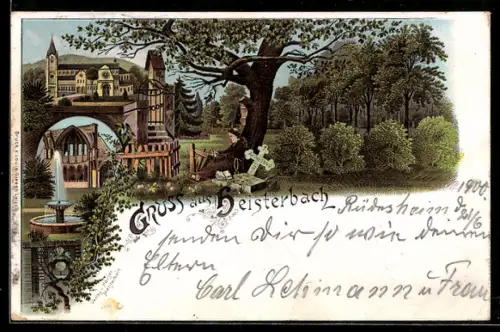 Lithographie Heisterbach, Klosterruine, Kirche, Fontäne