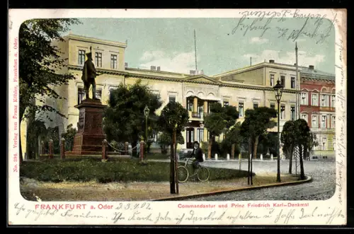 Lithographie Frankfurt a. Oder, Commandantur, Prinz Friedrich Karl-Denkmal