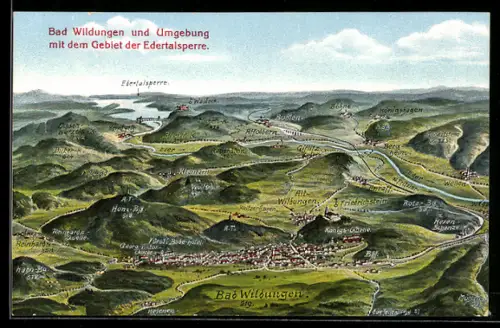 Künstler-AK Eugen Felle: Bad Wildungen, Umgebung mit Edertalsperre, Alt Wildungen, Königshagen