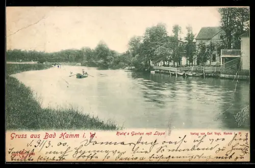 AK Bad Hamm i. W., Rietz`s Garten mit Lippe, Ruderboote auf dem Fluss