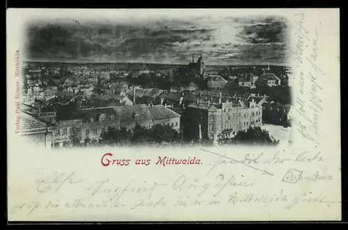 Mondschein-AK Mittweida, Ortsansicht aus der Vogelschau