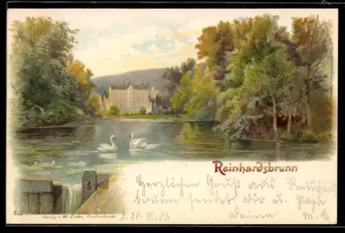 Lithographie Reinhardsbrunn, Blick auf das Schloss