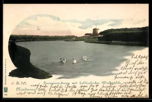 AK Norderney, Franzosenhaus mit holländischer Windmühle