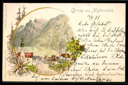 AK Mittenwald, Ortsansicht mit Kirchen gegen die Berge