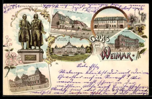 Lithographie Weimar, Museum, Schiller Haus, Post