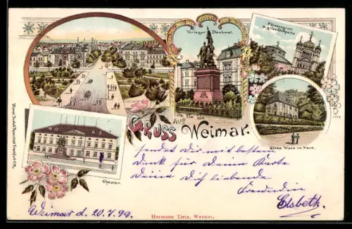 Lithographie Weimar, Theater, Fürstengruft und griechische Kapelle, Kriegerdenkmal, Ortsansicht aus der Vogelschau