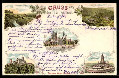 Lithographie Erfurt, Dom und Severikirche, Kaiser Wilhelm-Denkmal auf dem Kyffhäuser, Wartburg, Rudelsburg