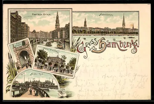 Lithographie Alt-Hamburg, Restaurant Alster-Pavillon, Alster-Arcaden, Fleet beim Grimm