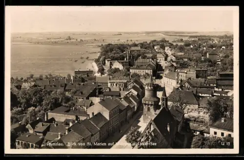 AK Prenzlau, Blick von St. Marien auf Mitteltor und Ücker-See