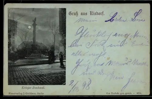 Mondschein-AK Rixdorf, Strassenpartie am Krieger-Denkmal