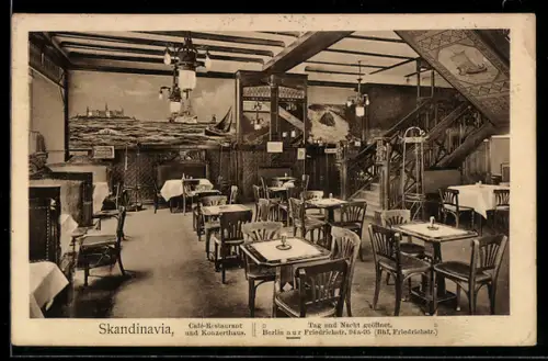 AK Berlin, Café-Restaurant Skandinavia, Friedrichstr. 94a-95, Innenansicht