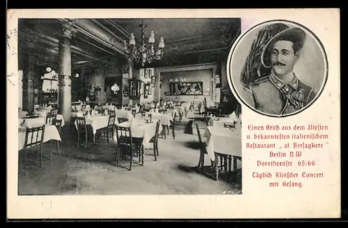 AK Berlin, Italienisches Restaurant al Bersagliere, Dorotheenstr. 65/66, Portrait eines Bersagliere-Soldaten