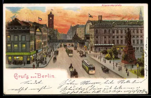 Lithographie Berlin, Alexanderplatz, Strassenbahn und Café