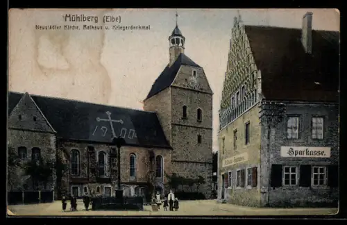 AK Mühlberg /Elbe, Neustädter Kirche, Rathaus, Kriegerdenkmal, Sparkasse