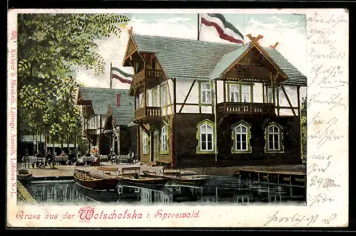 AK Wotschofska i. Spreewald, Wotschofska-Gasthaus, Anlegestelle, Boote