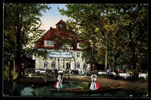 AK Lübbenau /Spreewald, Gasthaus Pohlenzschenke, Kahnanleger, Trachten, Gartenlokal