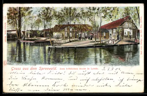 AK Lehde /Spreewald, Gasthaus Zum fröhlichen Hecht, Wasseransicht, Anlegestelle
