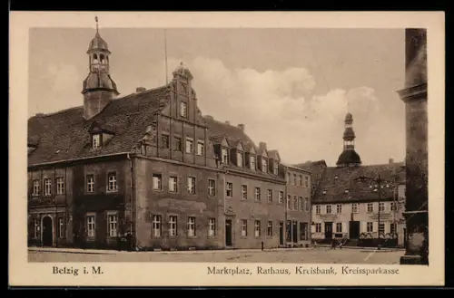 AK Belzig i. M., Marktplatz, Rathaus, Kreisbank, Kreissparkasse