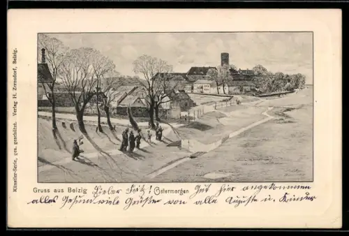 Künstler-AK Belzig, Ortsansicht mit Kirche am Ostermorgen