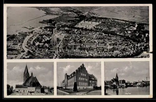 AK Barth a. d. Ostsee, Markt mit St. Marienkirche, Kreishaus, Hafen