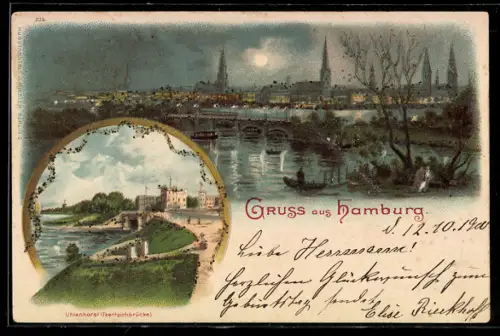 Lithographie Hamburg, Ortsansicht bei Nacht, Uhlenhorst, Feenteichbrücke