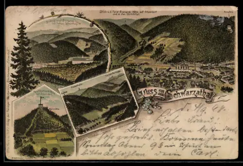 Lithographie Sitzendorf /Schwarzathal, Panorama von der Bismarckhöhe, Aussichtstürme