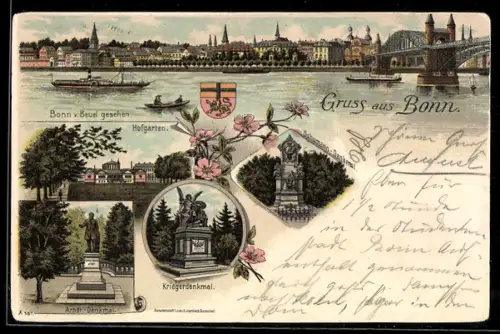 Lithographie Bonn, Ansicht von Beuel, Hofgarten, Arndt-Denkmal, Kriegerdenkmal