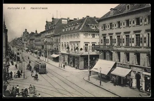 AK Karlsruhe i. B., Kaiserstrasse, Strassenbahn, Geschäfte