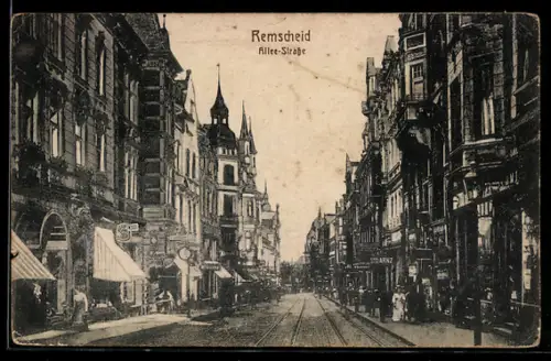 AK Remscheid, Alleestrasse mit Geschäften