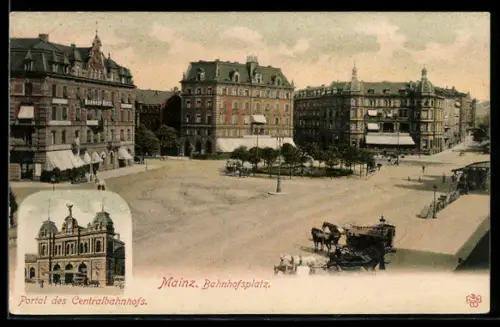 AK Mainz, Bahnhofplatz, Portal des Centralbahnhofs