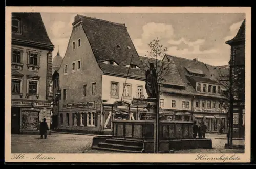 AK Meissen /Sachsen, Heinrichsplatz, Brunnen, Statue