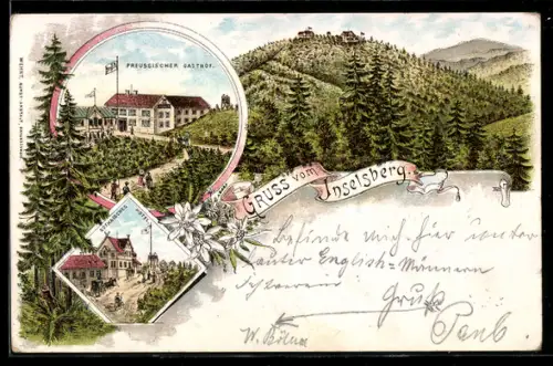 Lithographie Inselsberg, Preussischer Gasthof, Aussichtsturm, Waldlandschaft