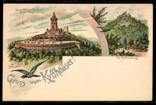 Lithographie Kyffhäuser, Kaiser-Wilhelm-Denkmal, Kyffhäuserburg, Rothenburg