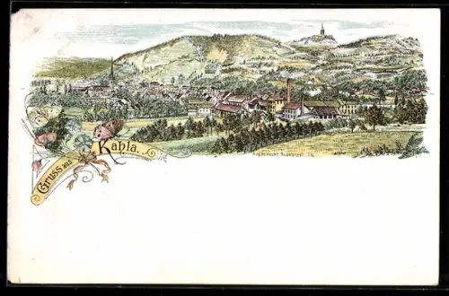 Lithographie Kahla, Gesamtansicht aus der Vogelschau