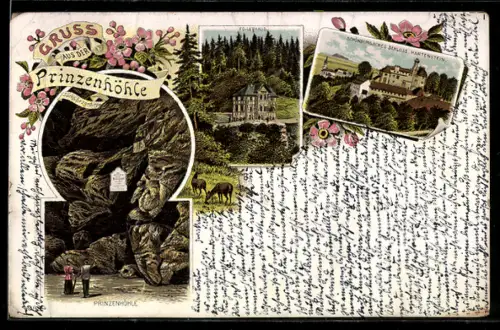 Lithographie Hartenstein, Prinzenhöhle, Forsthaus, Schloss Hartenstein