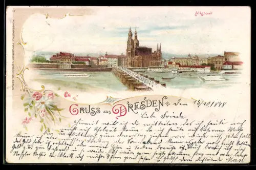 Lithographie Dresden, Altstadt, Brücke, Hofkirche