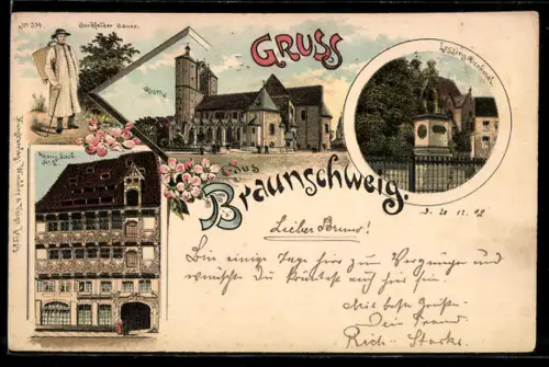 Lithographie Braunschweig, Dom und Lessing-Denkmal