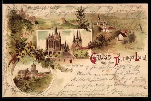 Lithographie Erfurt, Dom, Wartburg, Rudelsburg, Schwarzburg
