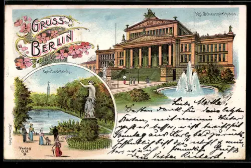 Lithographie Berlin, Königliches Schauspielhaus, Goldfischteich, Gendarmenmarkt
