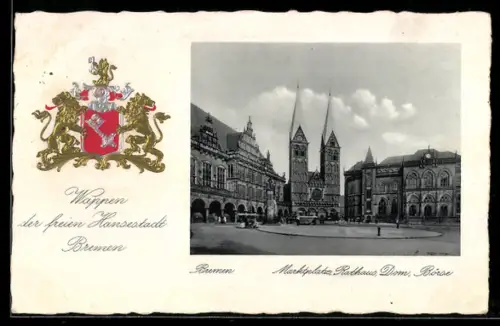 AK Bremen, Marktplatz, Rathaus, Dom, Börse, Stadtwappen